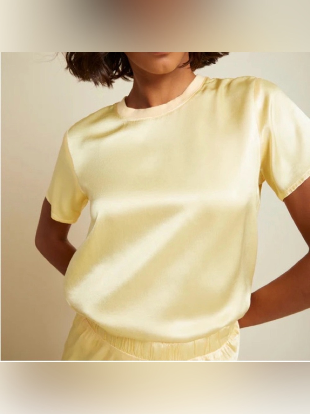 Nation Los Angeles Marie Sateen Light Yellow Short Sleeve Boxy Tee blouse XL